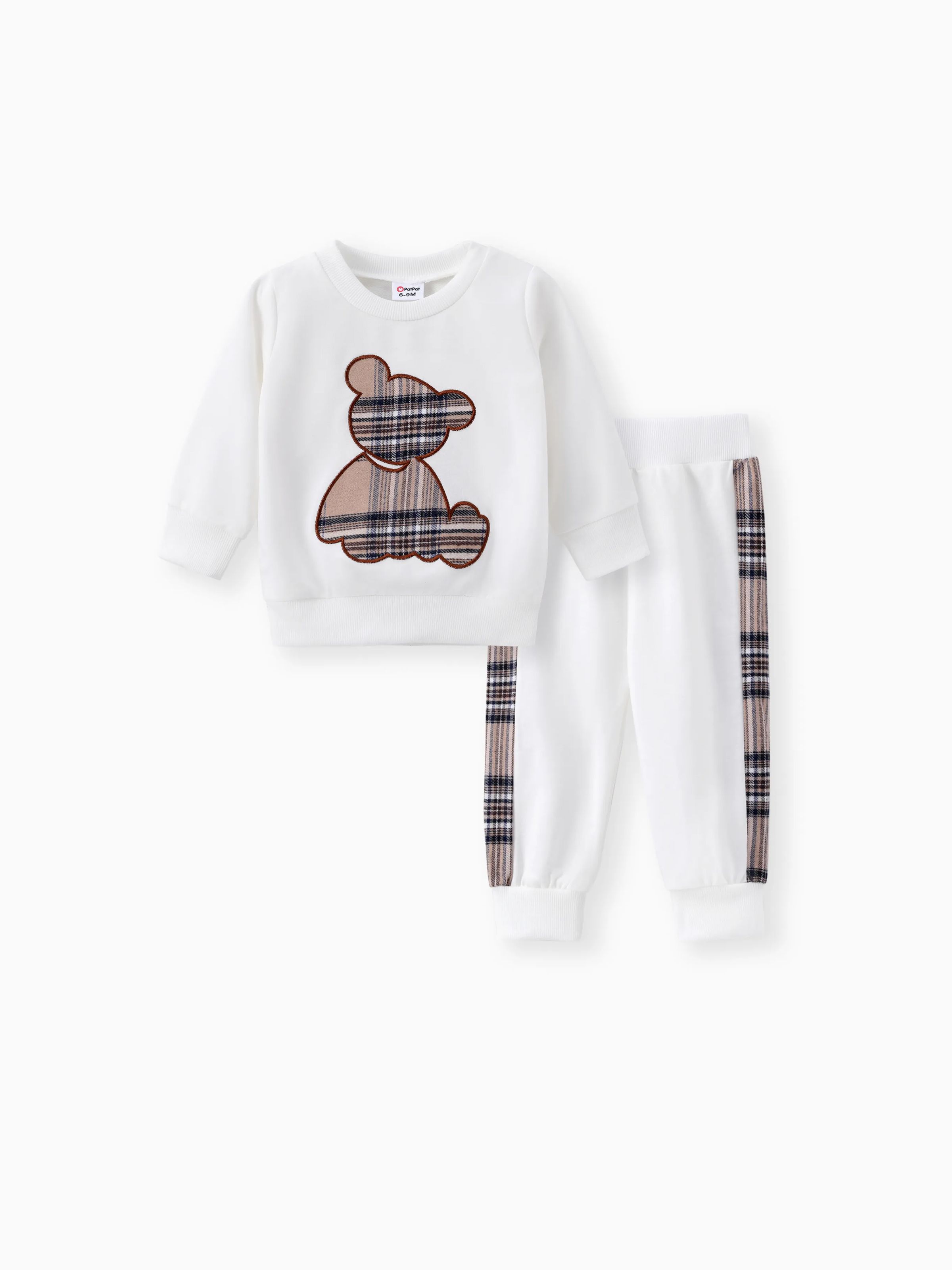 

2pcs Baby Boy/Girl Long-sleeve Plaid Print Bear Embroidered Sweatshirt and Sweatpants Set