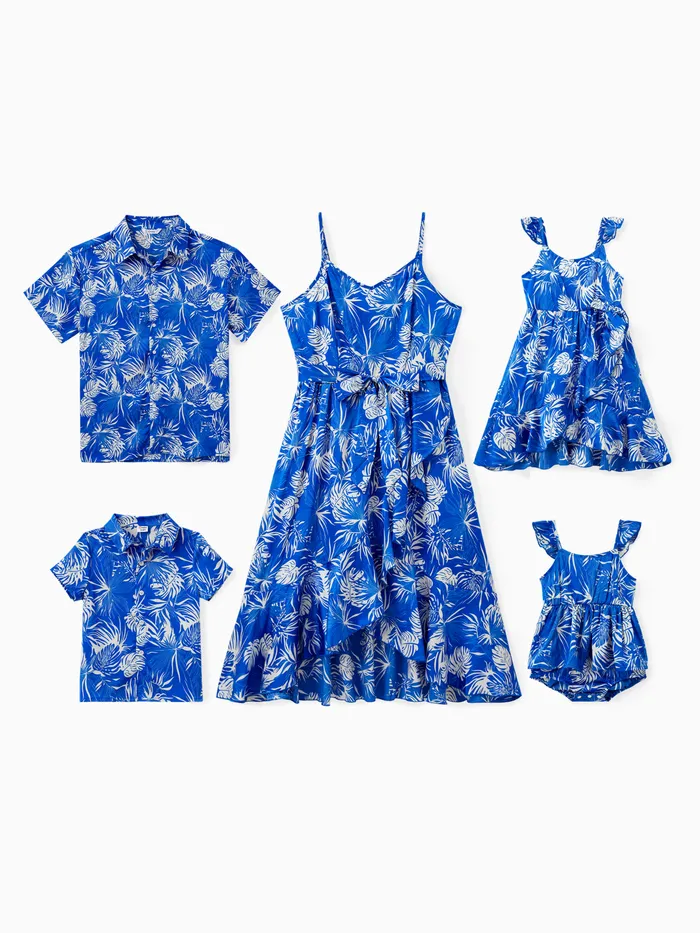 Family Matching Sets Blue Leaf Pattern Shirt or Wrap Bottom Belted Satin Slip Dress Sets