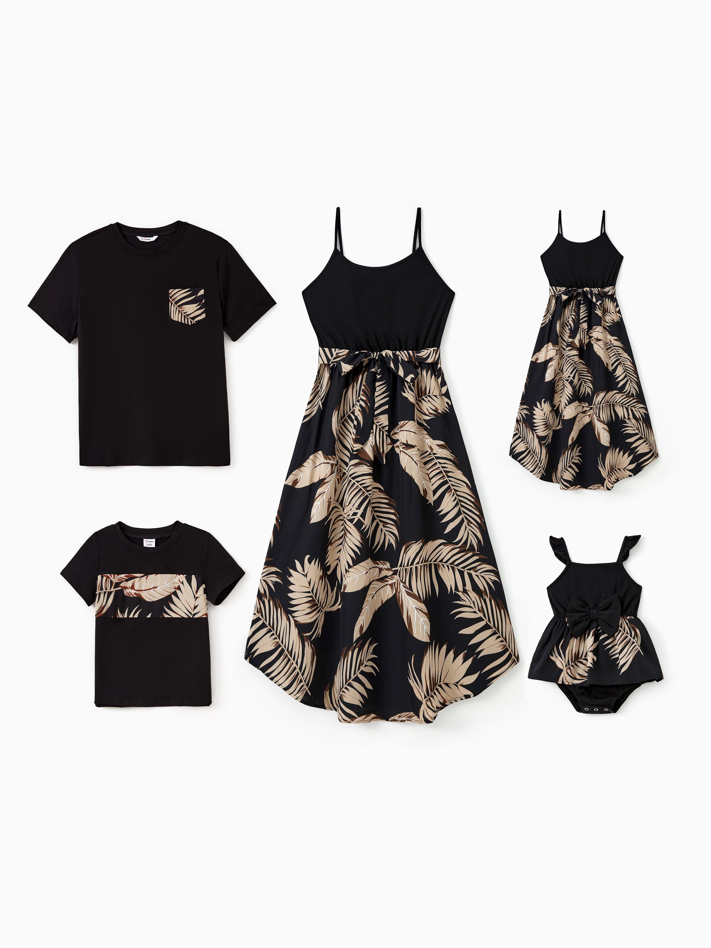 Family Matching Floral Print Black Dresses and Short-sleeve T-shirts Sets