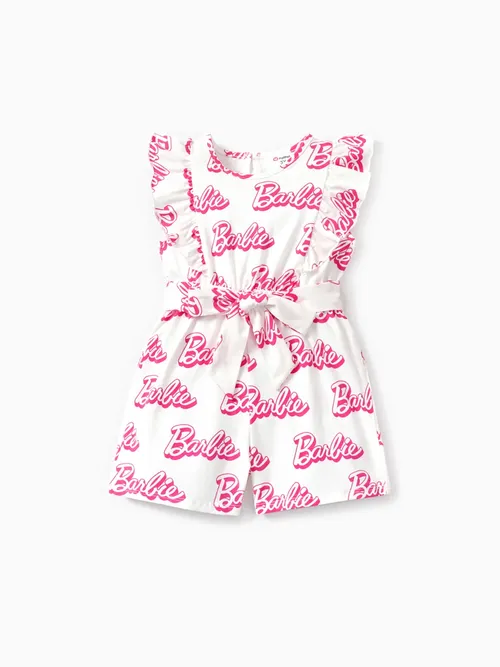 Barbie Toddler Girl Cotton Letter Print Ruffled Belted Rompers