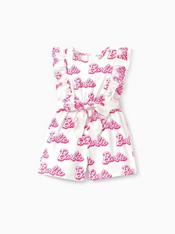 Barbie-Kleinkind-Mädchen-Baumwollbuchstabe-Druck gekräuselter gegürteter Strampler