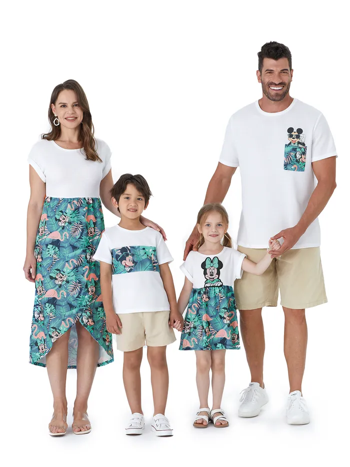 Disney Mickey and Friends Family Matching Tropical Botanical Print Waffle Fabric Camiseta/Vestido