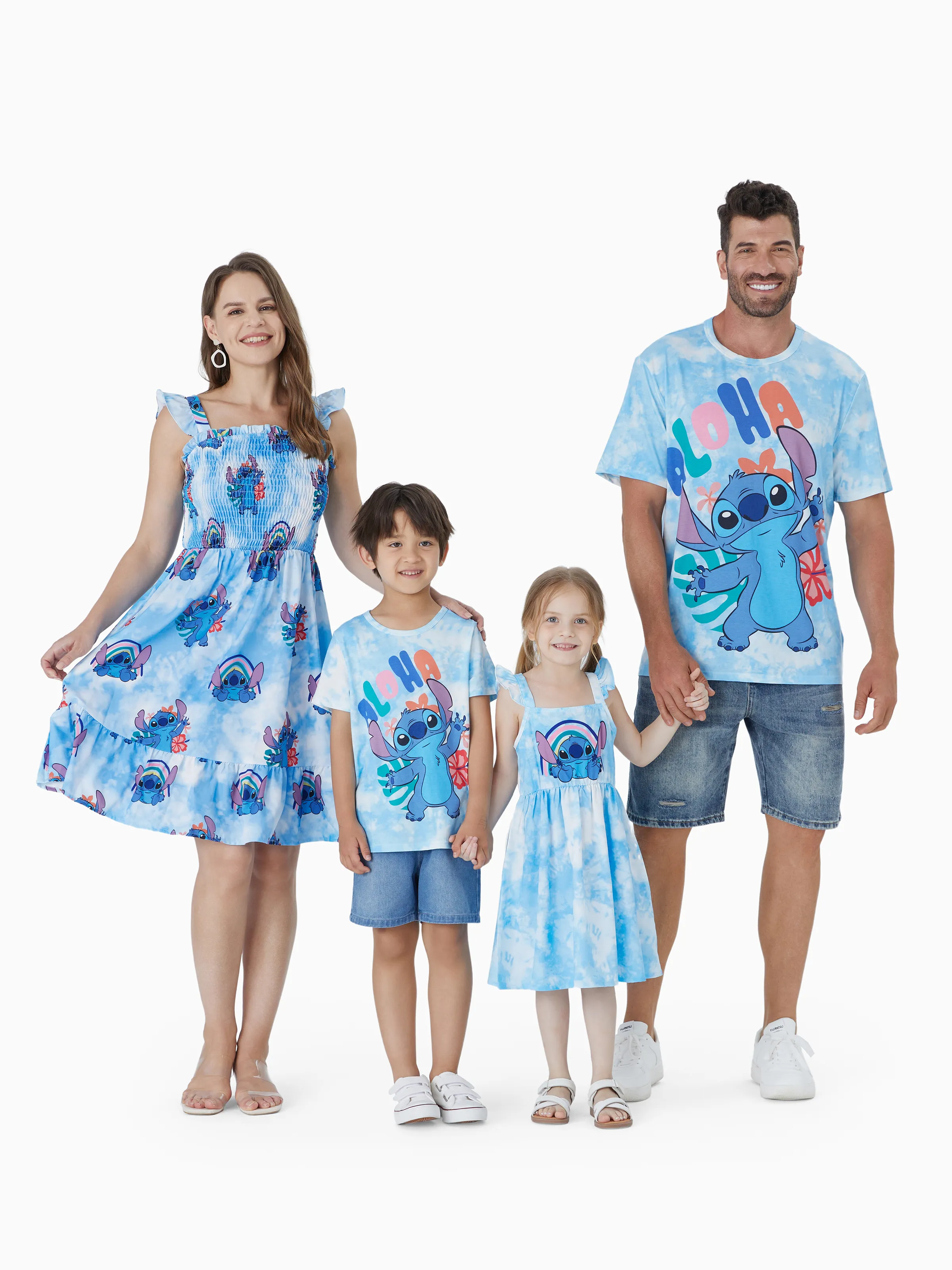 

Disney Stitch Family Matching Naia™ Floral Character Print Sky Blue Tie-Dye Sleeveless Dress/Romper/Tee