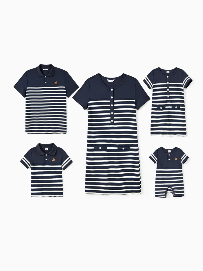 Family Matching Sets Preppy Style Cotton Striped Polo Shirt or Henley Neck Button Up H-Line Dress