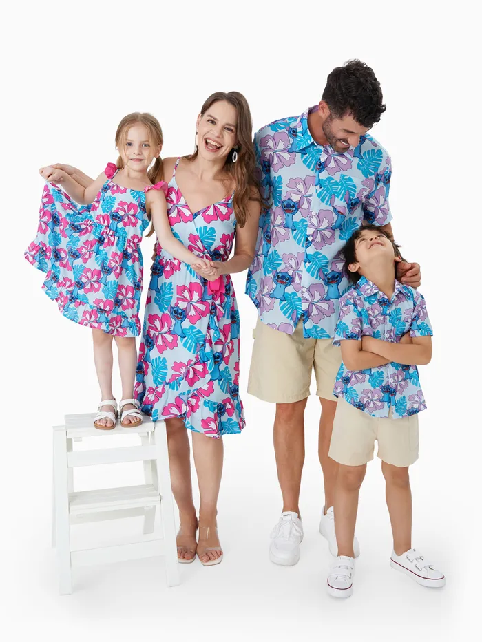 Disney Stitch Family 搭配 Naia™ Stitch 和夏威夷風格花卉印花無袖連衣裙/連體衣/襯衫