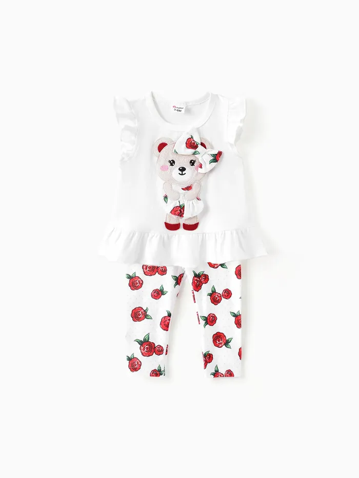 Baby/Toddler Girl 2pcs Bear Print Ruffled Top and Floral Leggings Set