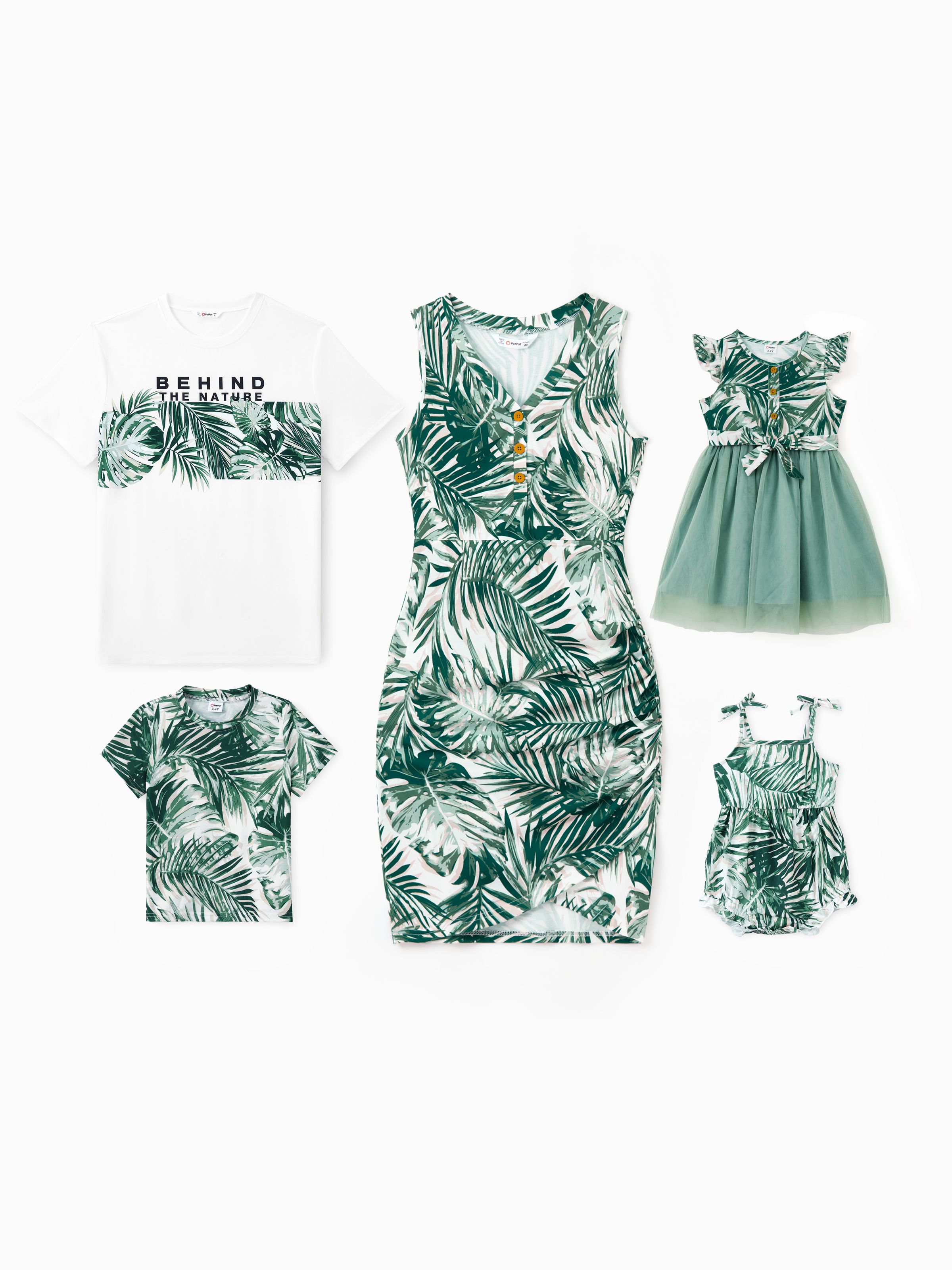 

Family Matching Floral Panel Tee or Tropical Leaf Pattern Button V-Neck Ruched Dress Sets