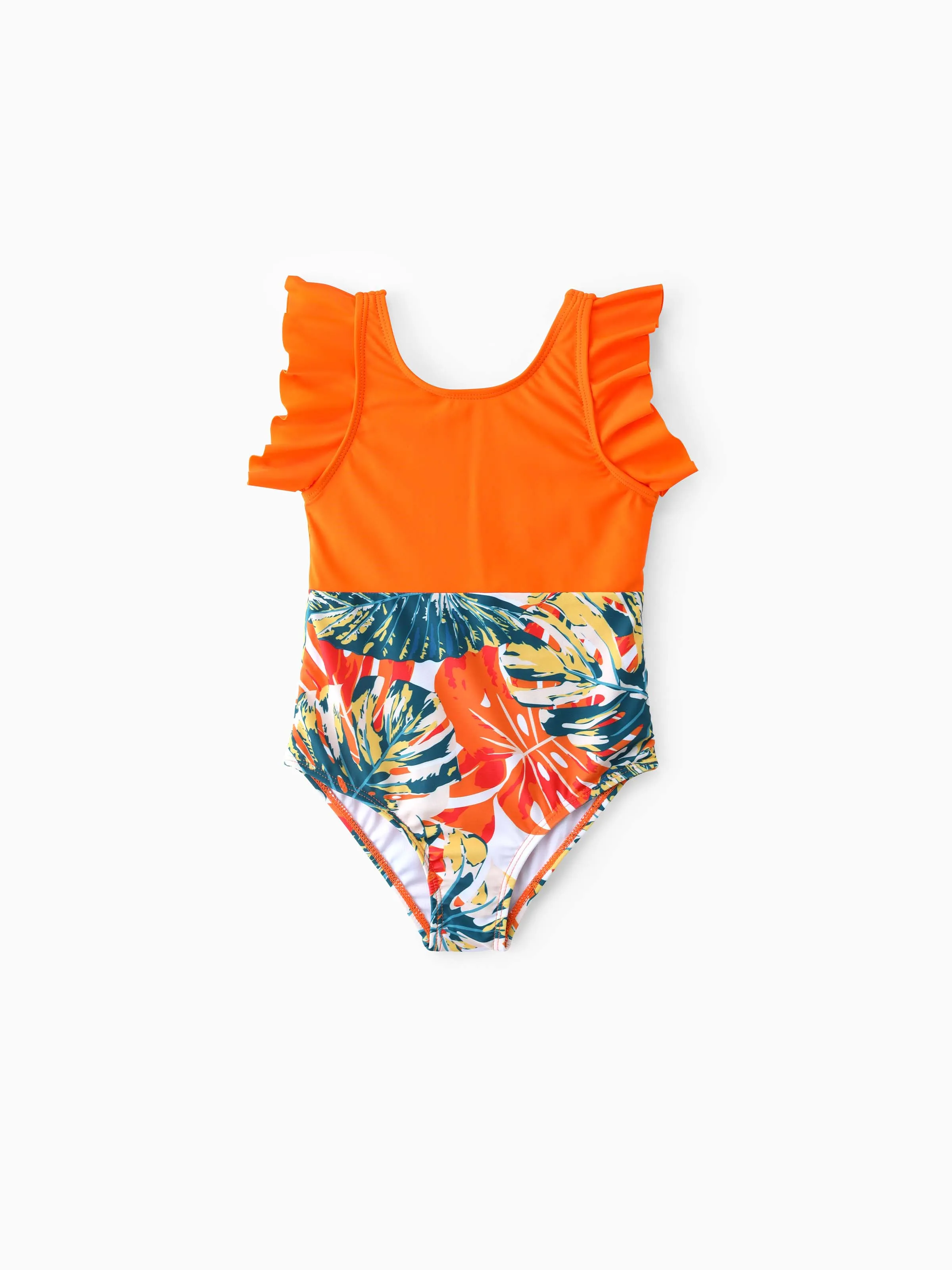 

Family Matching Orange and All Over Tropical Plant Print Splicing Ruffle One-Piece Swimsuit and Swim Trunks Shorts