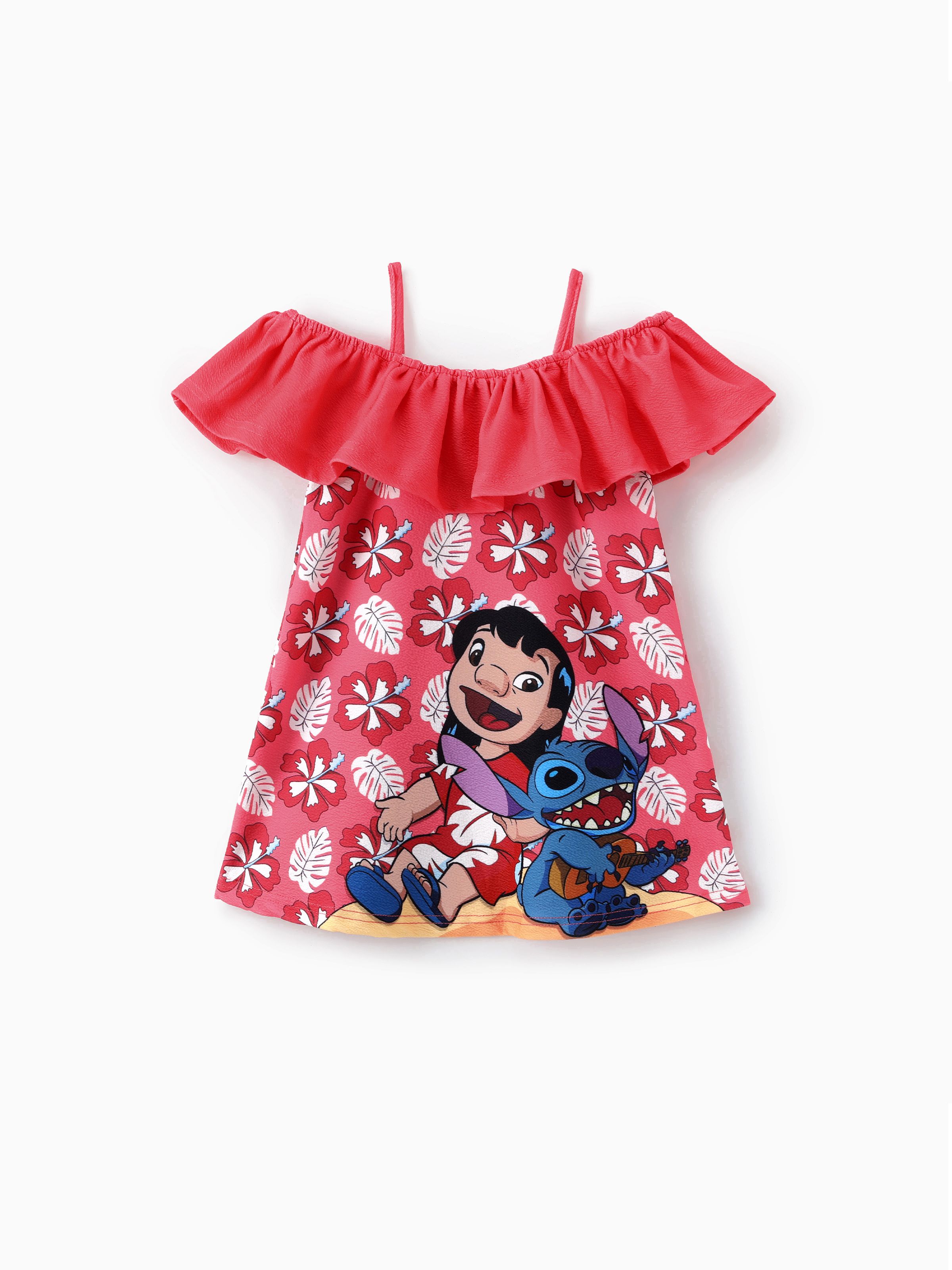 

Disney Stitch Toddler Girls 1pc Character Floral Hawaii Style Print with Ruffle Off-shoulder Dress
