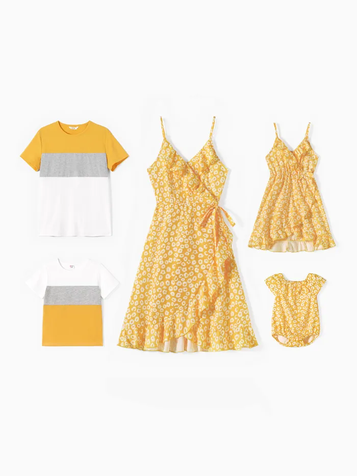 Family Matching Sets Color Block Tee or Yellow Ditsy Floral Wrap Dress with Hidden Snap