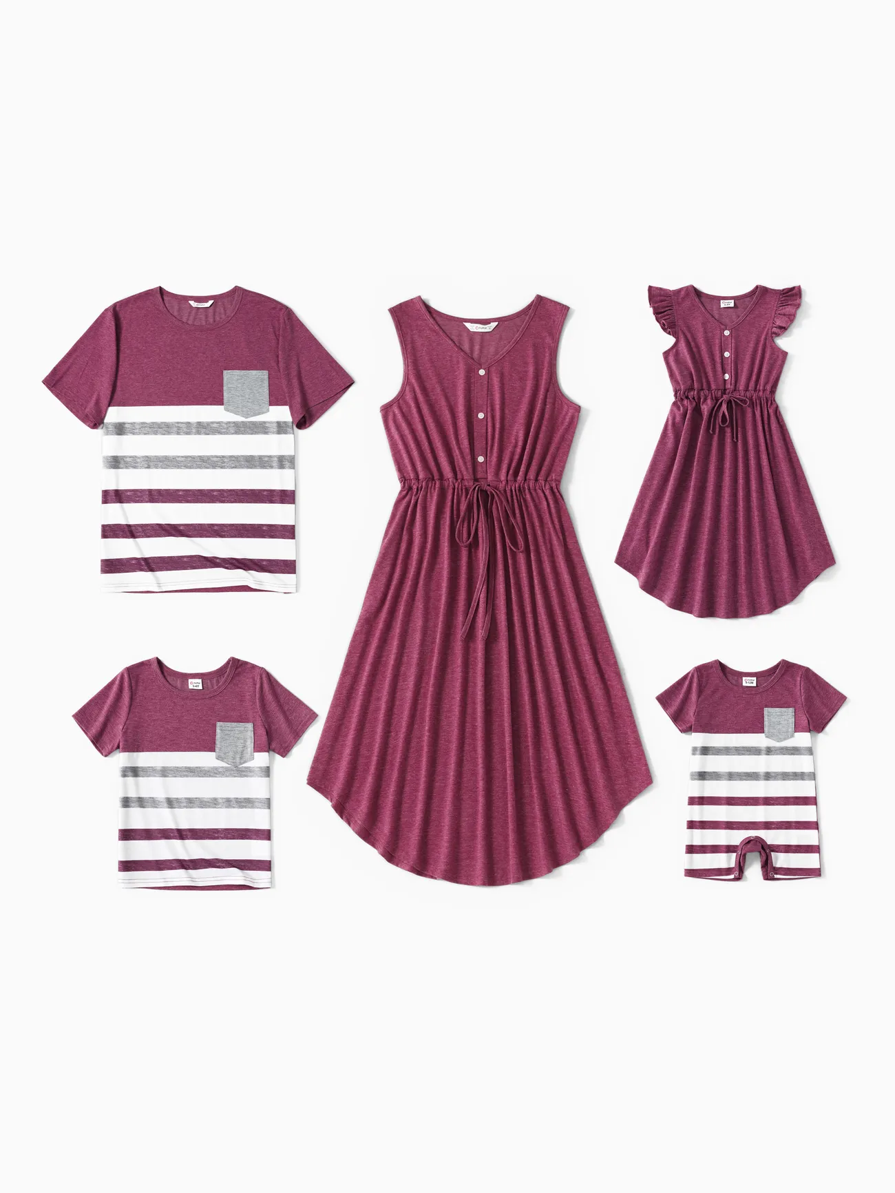 Family Matching Solid V Neck Sleeveless Button Up Drawstring Dresses and Striped Colorblock Short-sleeve T-shirts Sets - deeppurple - image 1
