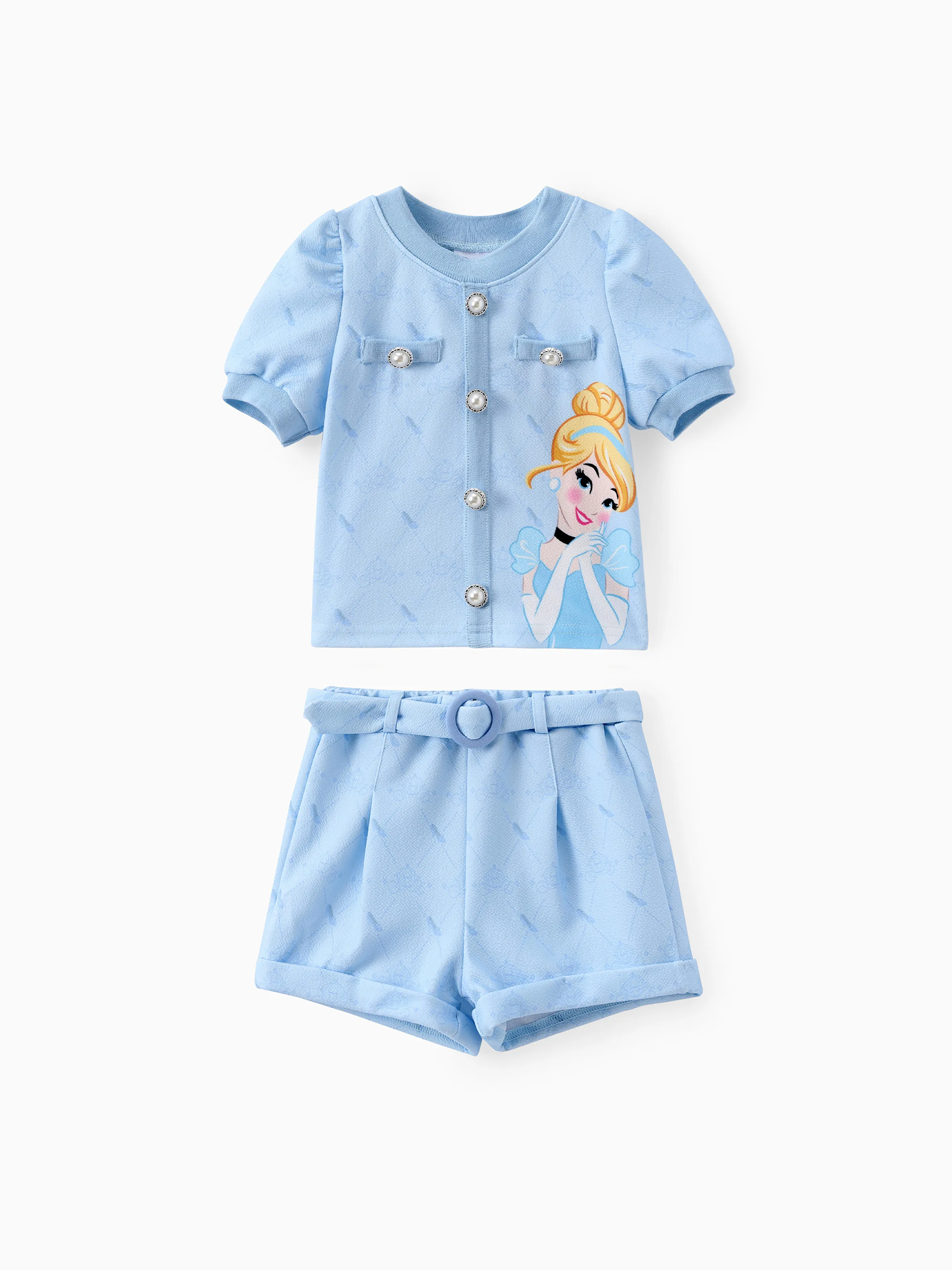 

Disney Princess Toddler Girls Ariel 2pcs Tweed Plaid Character Print Puffy-sleeve Top with Detachable Belt Shorts Set