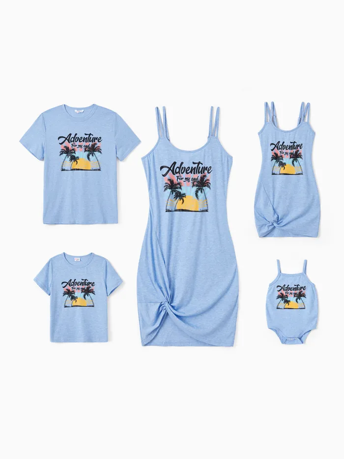 Ensembles assortis familiaux Cocotier et soleil Motif aventure Imprimé T-shirt graphique ou Robe à bretelles latérales nœud torsadé