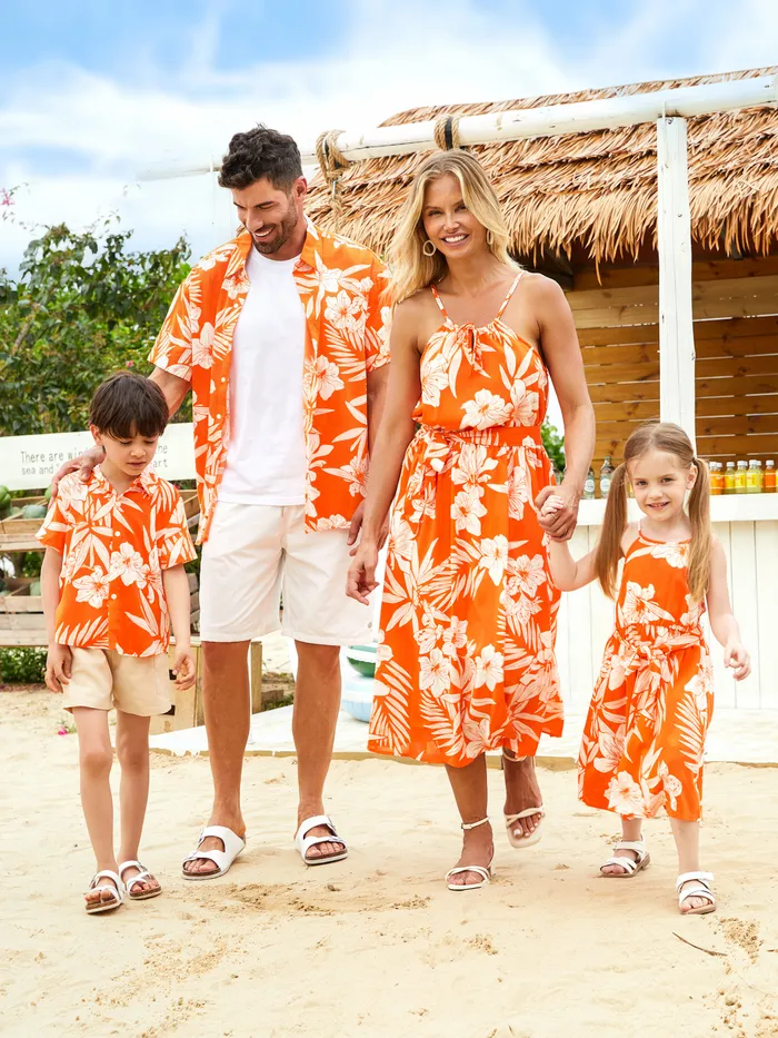 家庭配套橙色沙灘襯衫和花卉肩帶連衣裙套裝