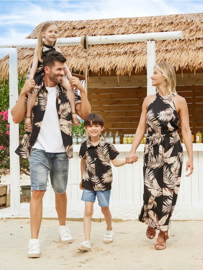 Family Matching Solid Leaf Sleeveless Halter Dresses And Short Sleeve Tops Sets