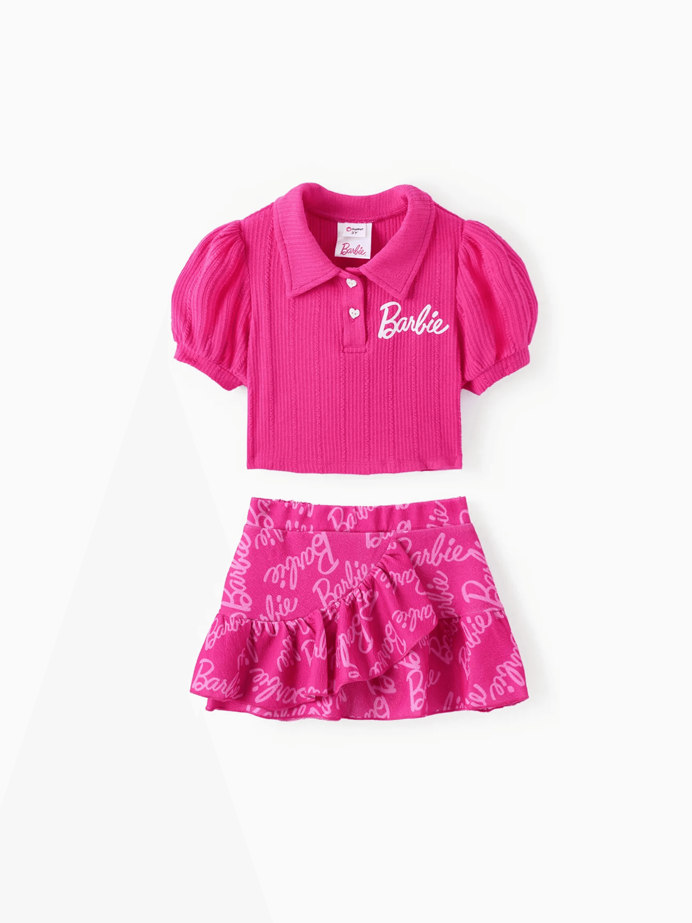 芭比娃娃 2 件裝幼兒/兒童女孩字母印花泡泡袖上衣搭配通體印花裙套裝