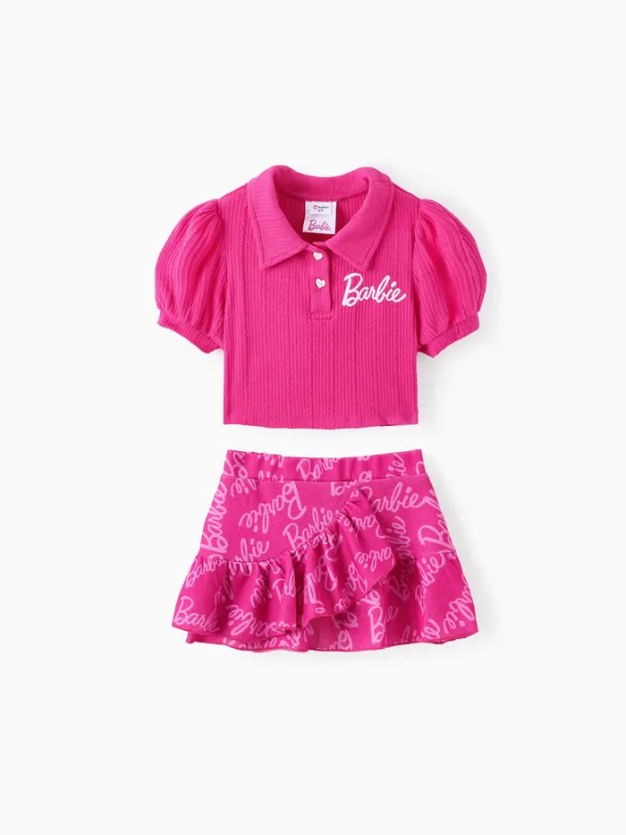 芭比娃娃 2 件裝幼兒/兒童女孩字母印花泡泡袖上衣搭配通體印花裙套裝


