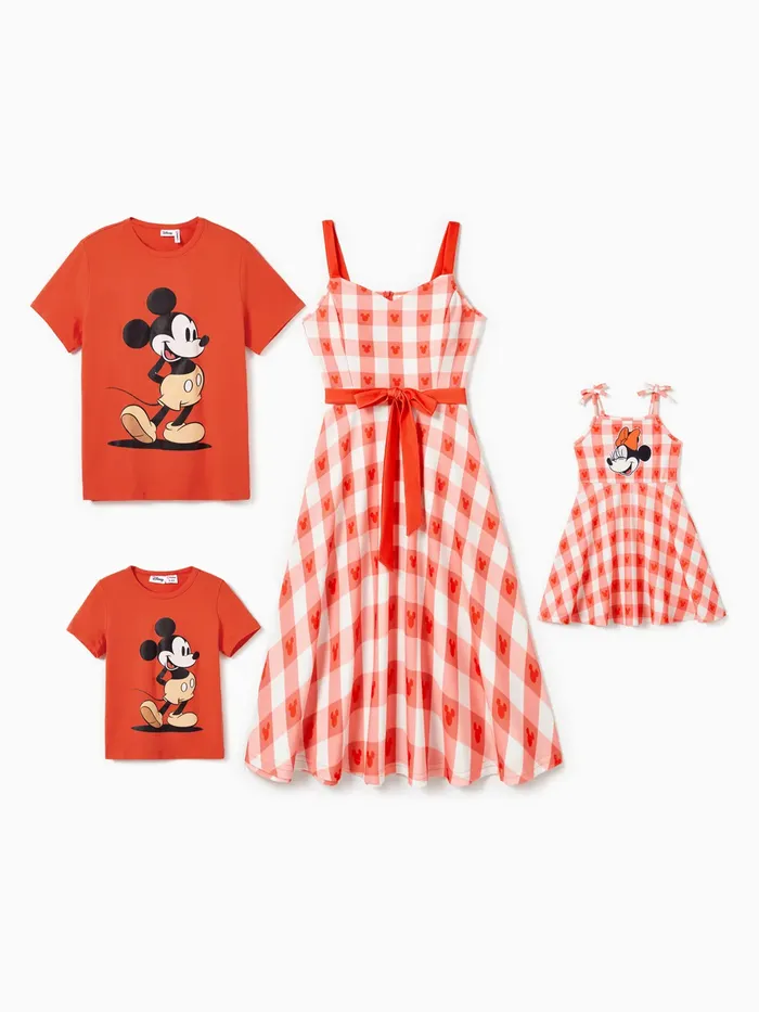Disney Mickey and Friends Family Matching Cotton Grid/Houndstooth Character Print Tee/Sleeveless Dress