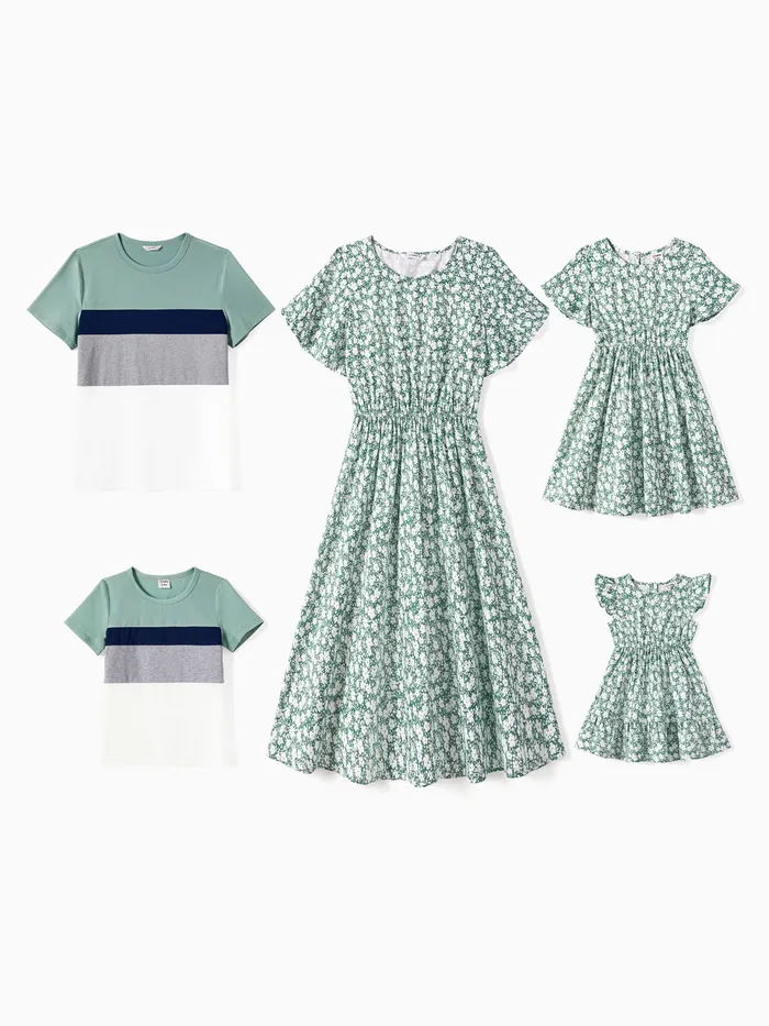 Family Matching Allover Floral Print Short-sleeve Dresses and Color Block Tops Sets