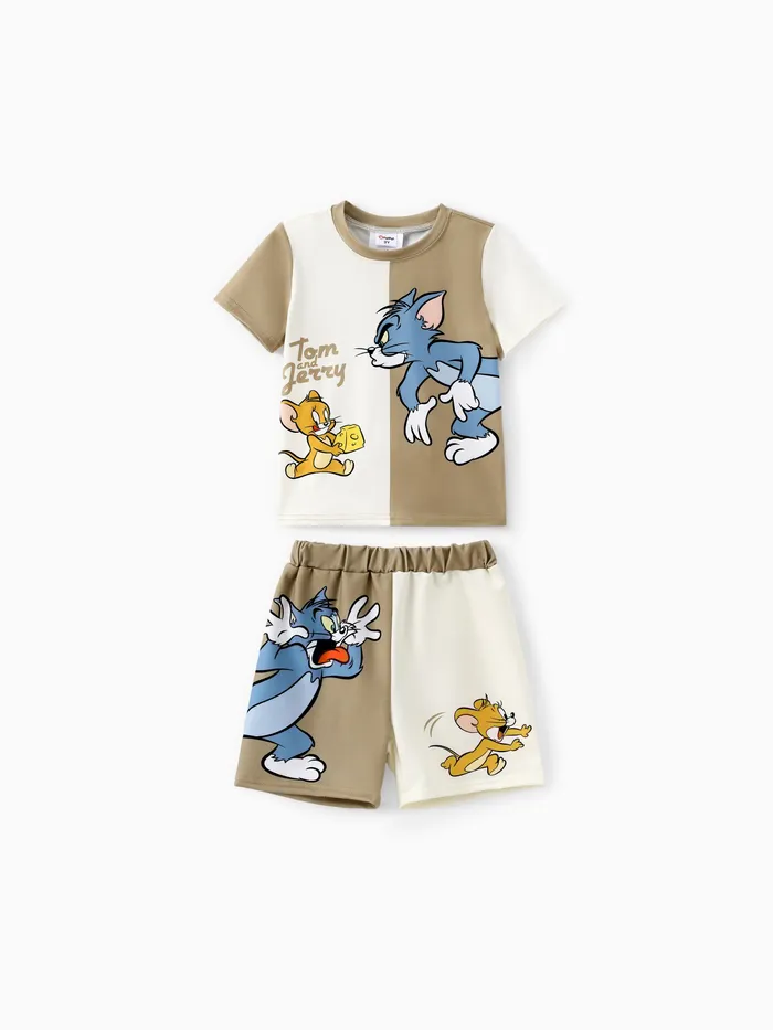 Tom and Jerry Toddler Boys 2pcs 拼色搞笑角色印花 T 恤和短褲套裝