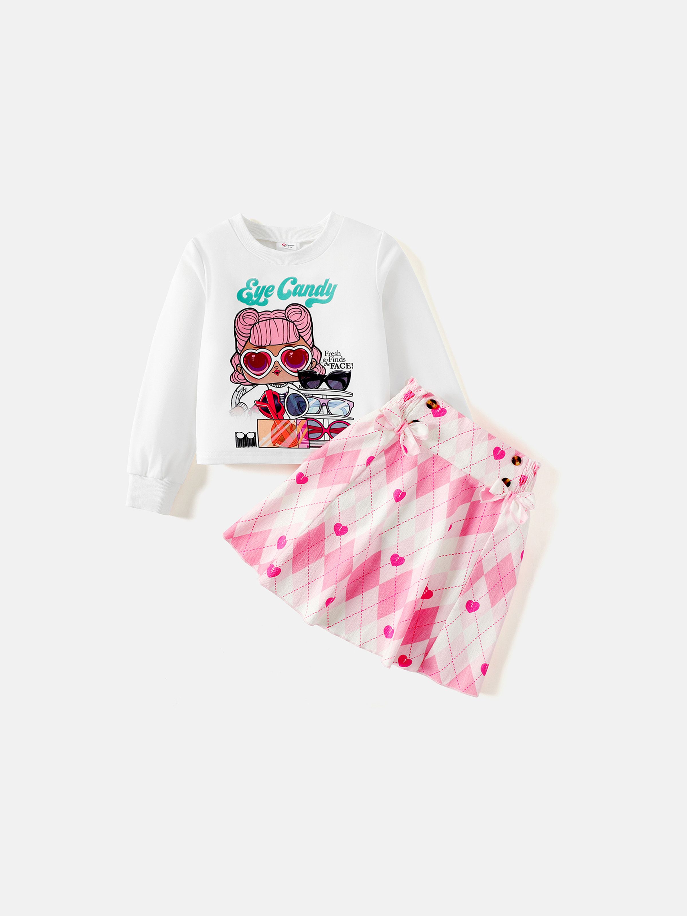 jajaja. ¡sorpresa! Conjunto de 2 piezas de sudadera con estampado de letras para niños y niñas y falda fruncida con diseño de lazo a cuadros/rosa