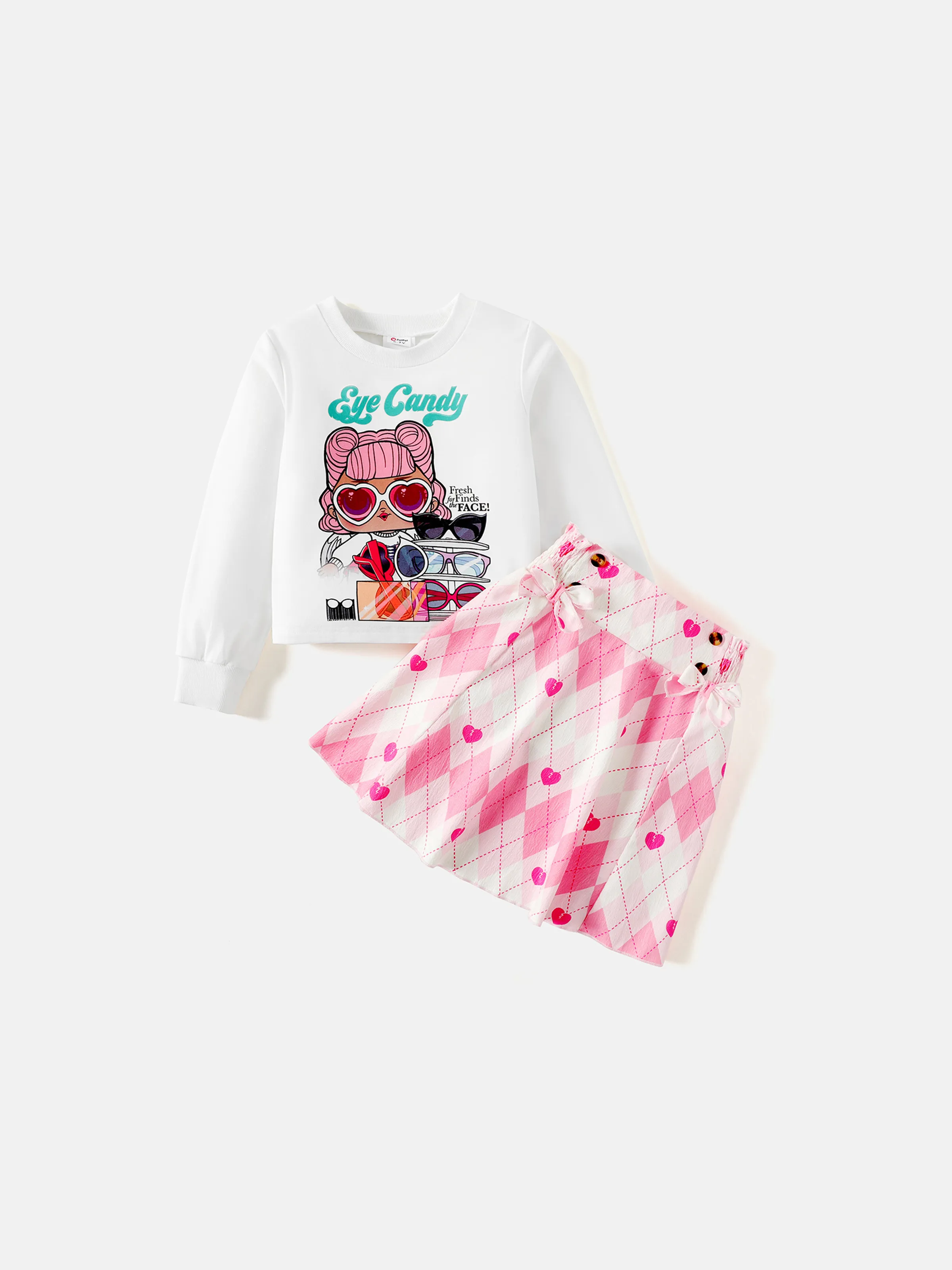 L.O.L. SURPRISE! 2pcs Kid Girl Letter Print Sweatshirt and Plaid/Pink Bow Design Smocked Skirt Set