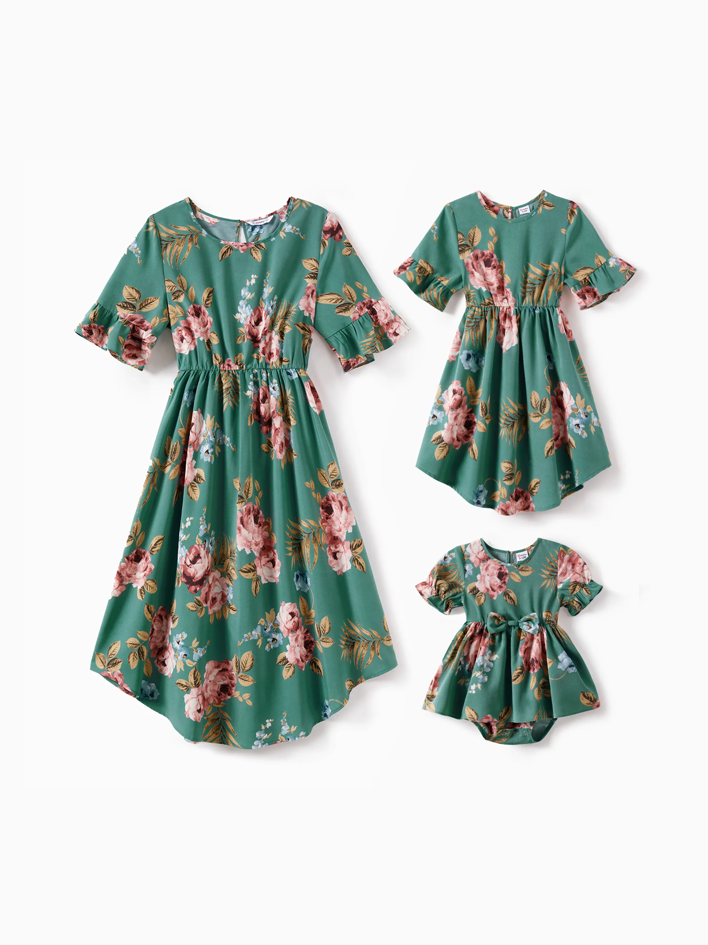 Mommy and Me Allover Floral Print Ruffle Half-sleeve Dresses