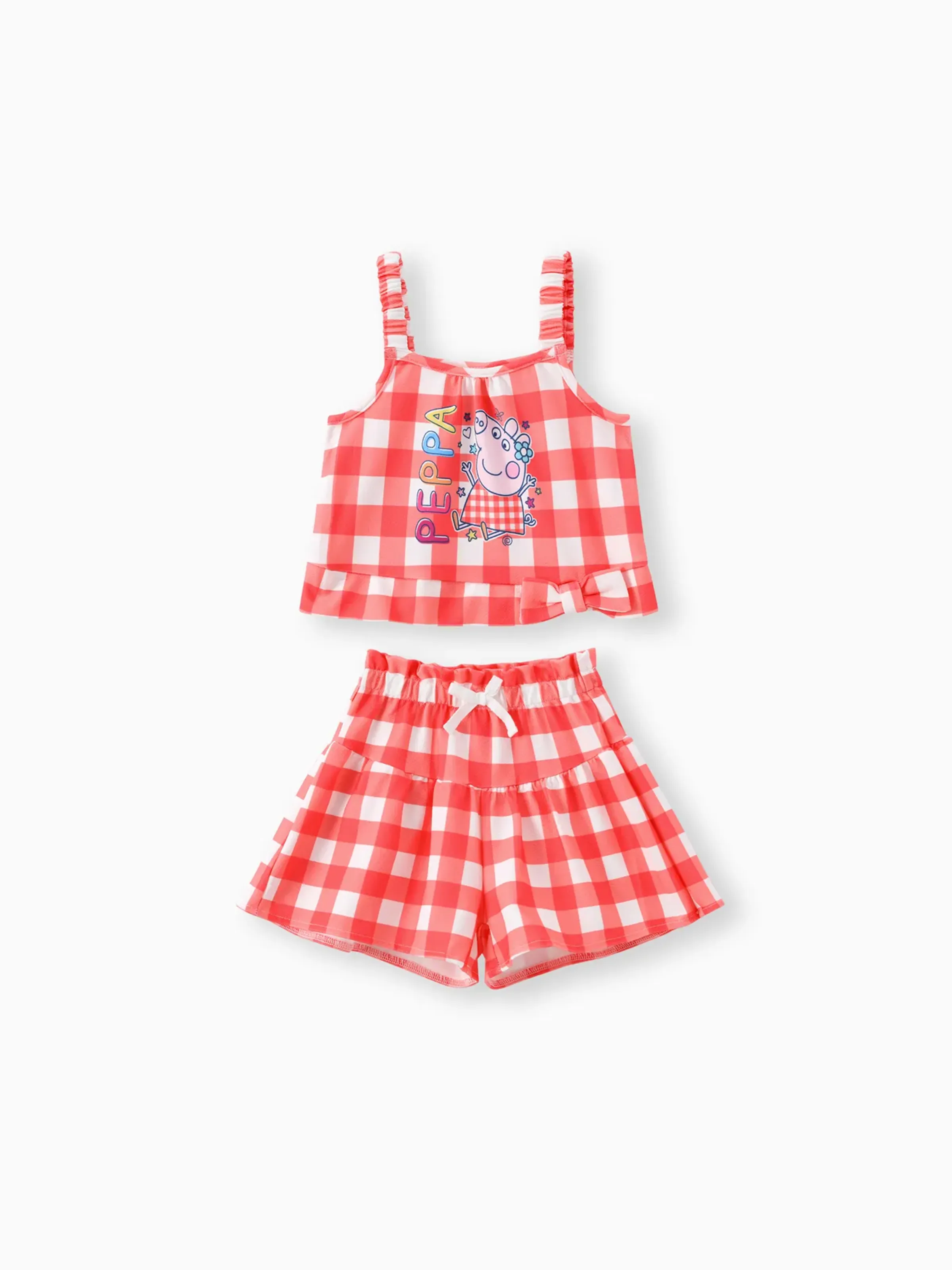 Peppa Pig Toddler Girls 2pcs Top sin mangas con estampado a cuadros con conjunto de pantalones cortos