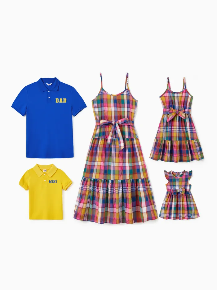 Família Combinando Conjuntos Preppy Estilo Camisa Polo de Cor Sólida ou Colorido Plaid Ruffle Hem Belted Strap Dress