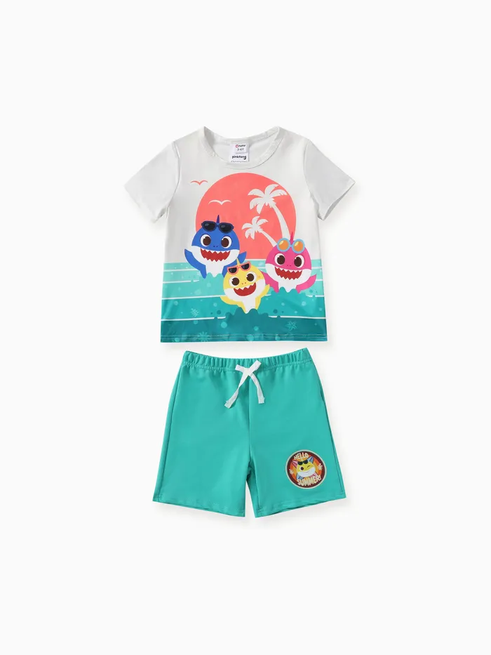 Baby Shark Kleinkind Jungen 2-teiliges Tropical Ocean Shark Print T-Shirt mit Baumwollshorts Set