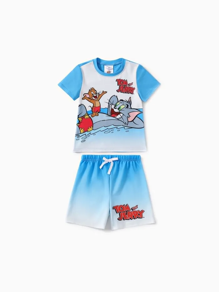 Tom and Jerry 幼兒兒童 2 件漸變海灘印花 T 恤，帶短款套裝