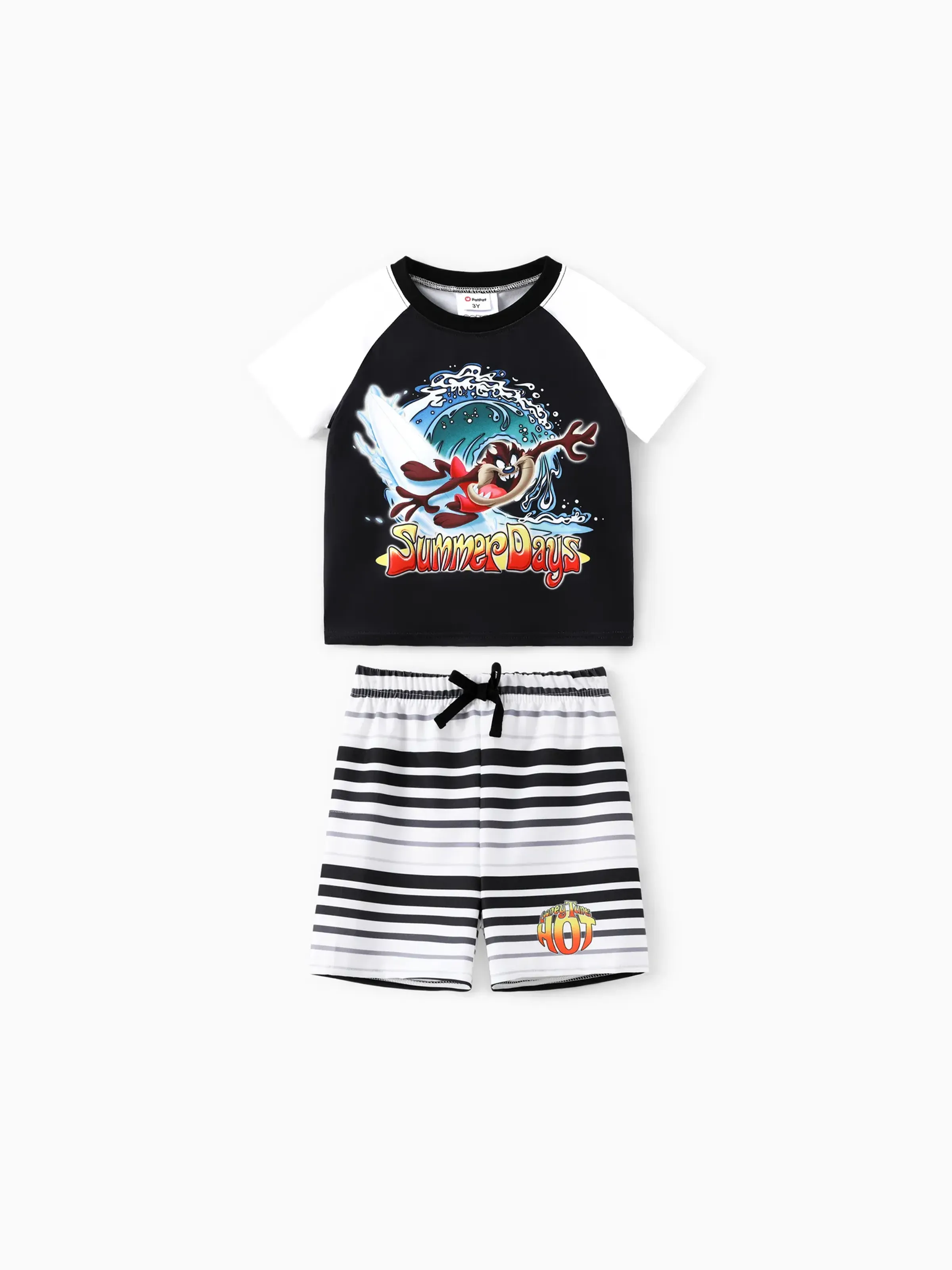 Looney Tunes Bambino/Bambini Ragazzi 2 pz Stile Estivo Surf Stampa Tee con Pantaloncini A Righe Set