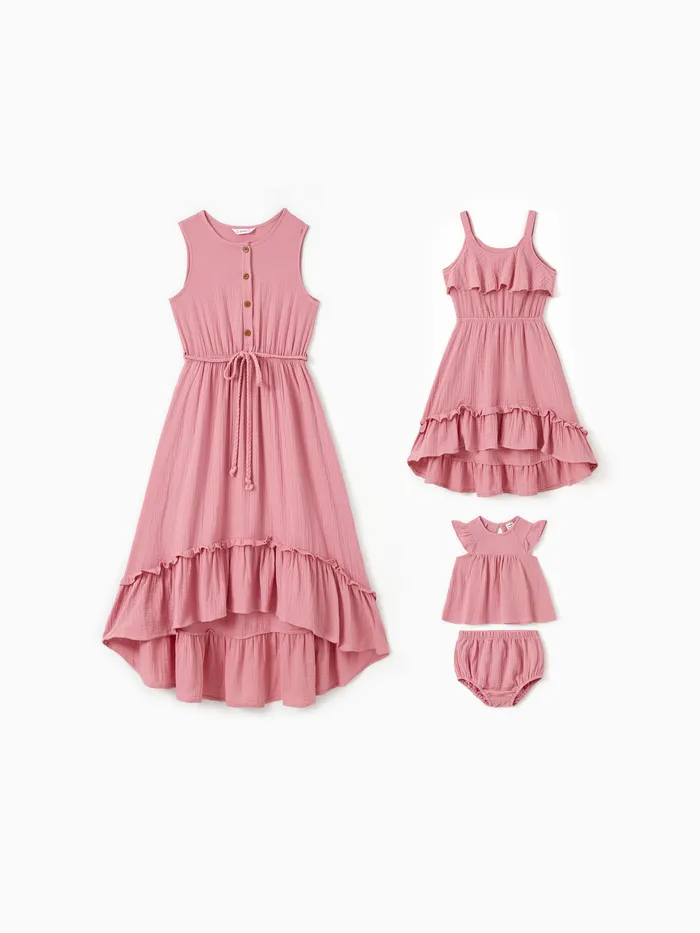 Mommy and Me Matching Pink Button Up Belted Ruffle Trim High-Low Dresses