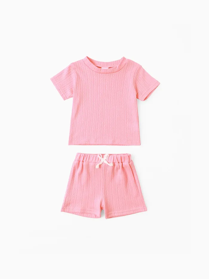 Conjunto de camiseta y pantalones cortos de punto de cable sólido de manga corta de 2 piezas para bebé niño/niña 95% algodón