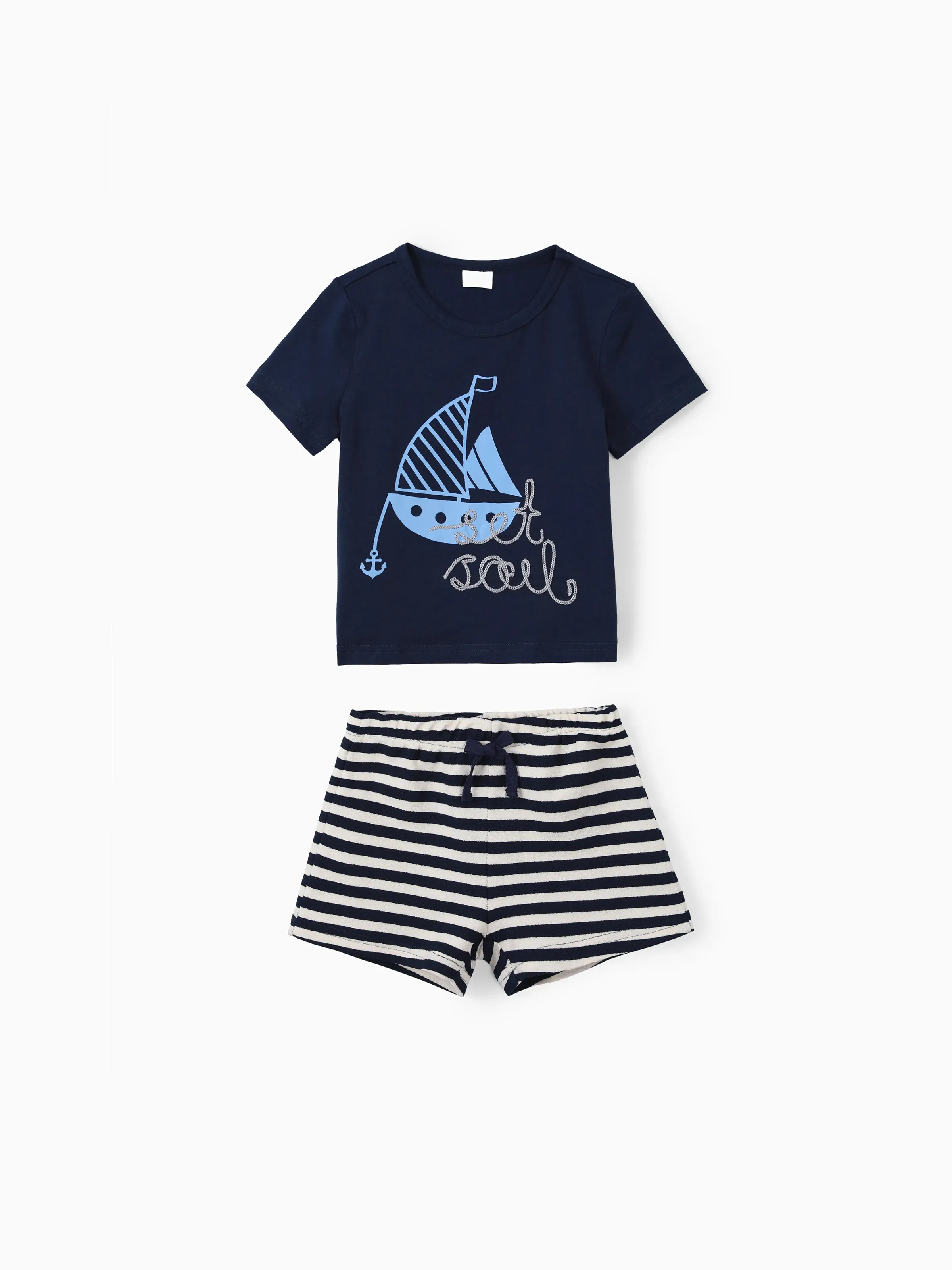 Toddler Girl 2pcs Sailboat Print Tee and Striped Shorts Set