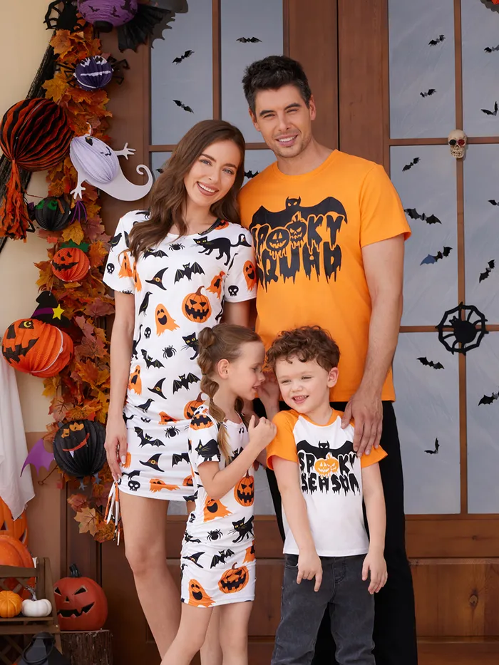 Halloween Family Matching 95% Cotton Short-sleeve Graphic T-shirts Allover Print Drawstring Ruched Bodycon Dresses Sets