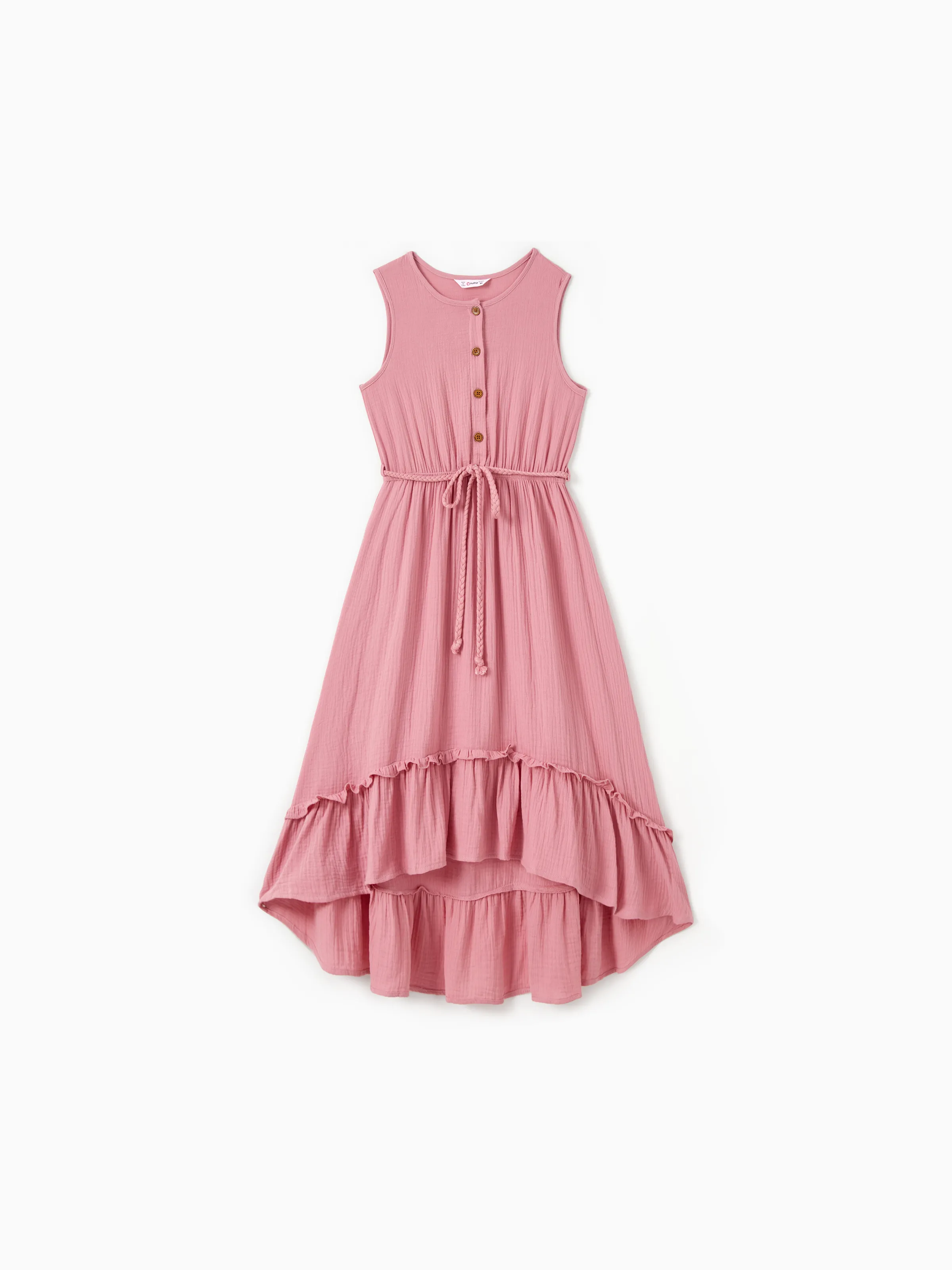 

Mommy and Me Matching Pink Button Up Belted Ruffle Trim High-Low Dresses