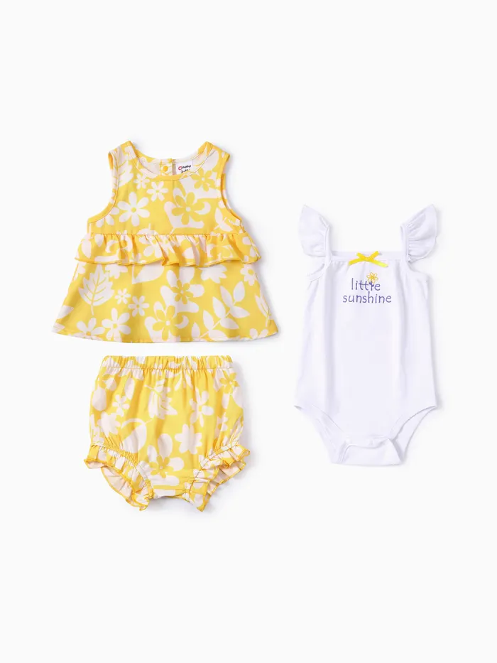Baby Girl 3pcs Letter Romper and Floral Print Ruffled Top and Shorts Set