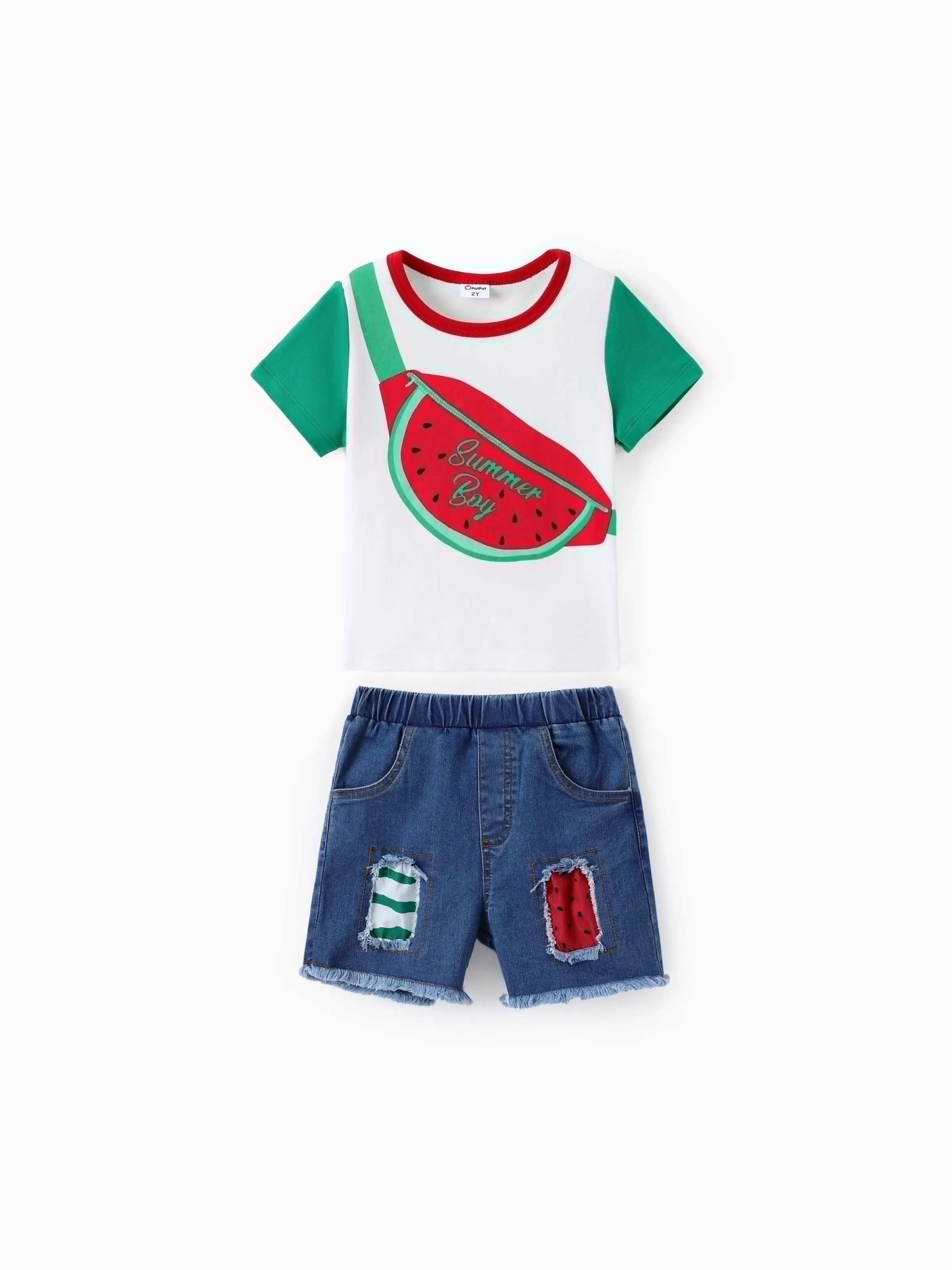 Toddler Boy 2pcs Watermelon Print Tee and Cooling Denim Ripped Shorts Set