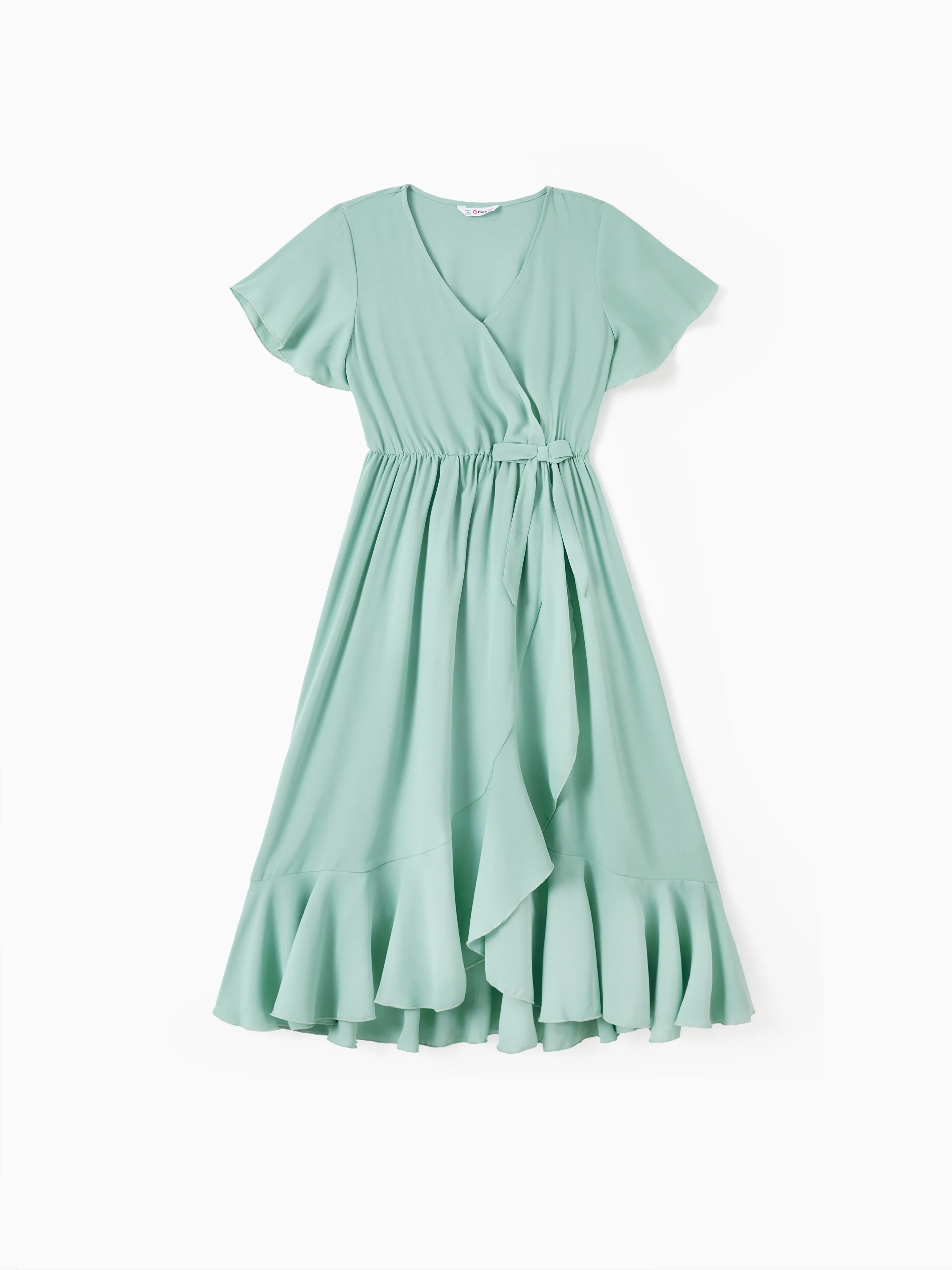 

Family Matching Green Plaid Shirt or Ruffle Sleeves Bow Side Wrap Bottom Dress with Hidden Snap