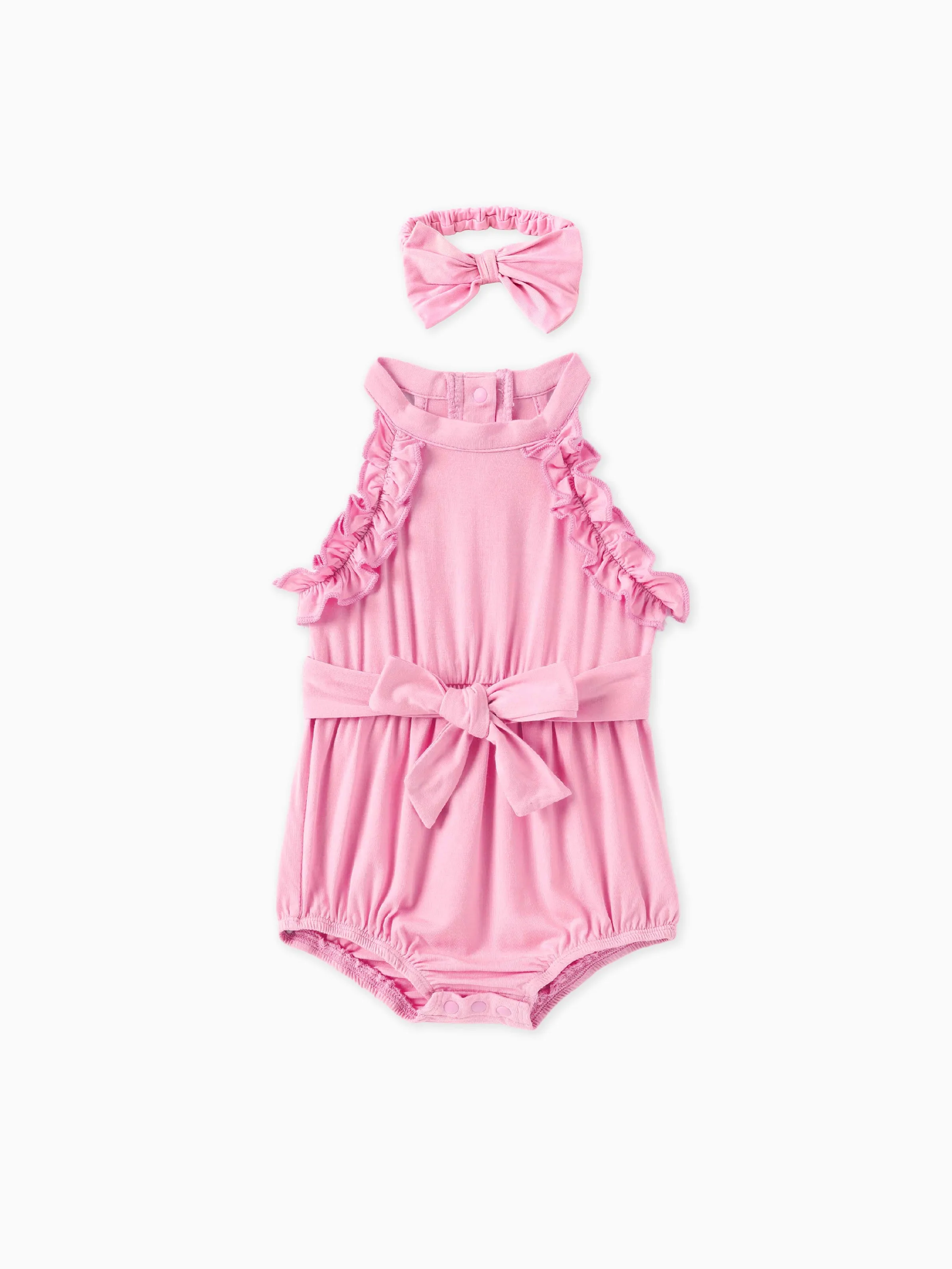 Baby Girl Solid Ruffled Romper with Headband