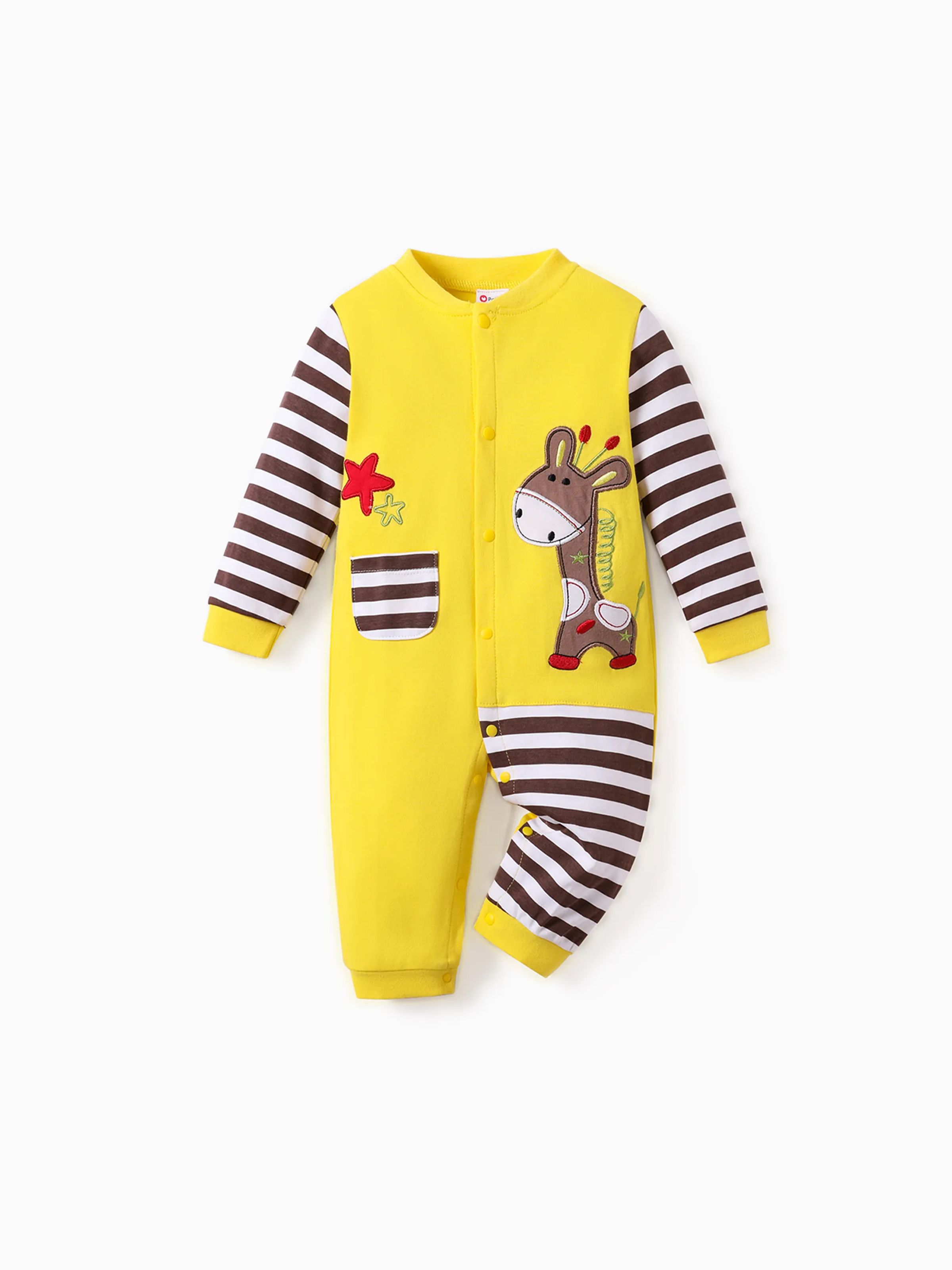 

100% Cotton Giraffe Applique Stripe Print Long-sleeve Baby Jumpsuit