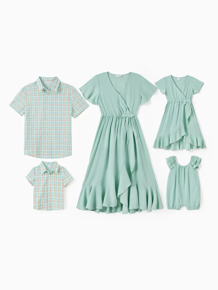 家庭配套綠色格子襯衫或荷葉邊袖蝴蝶結側裹式下裝連衣裙，帶隱藏式按扣