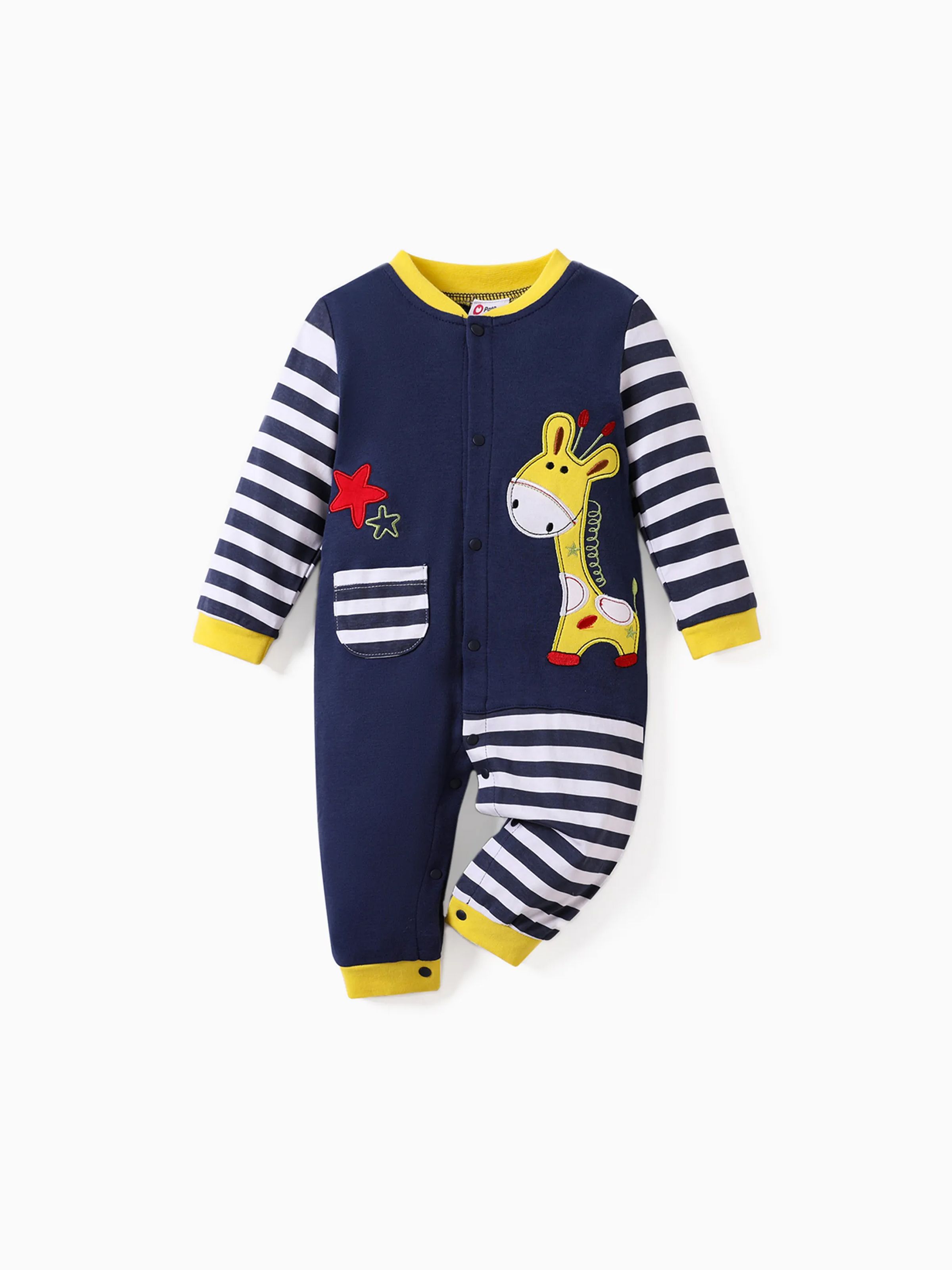 

100% Cotton Giraffe Applique Stripe Print Long-sleeve Baby Jumpsuit