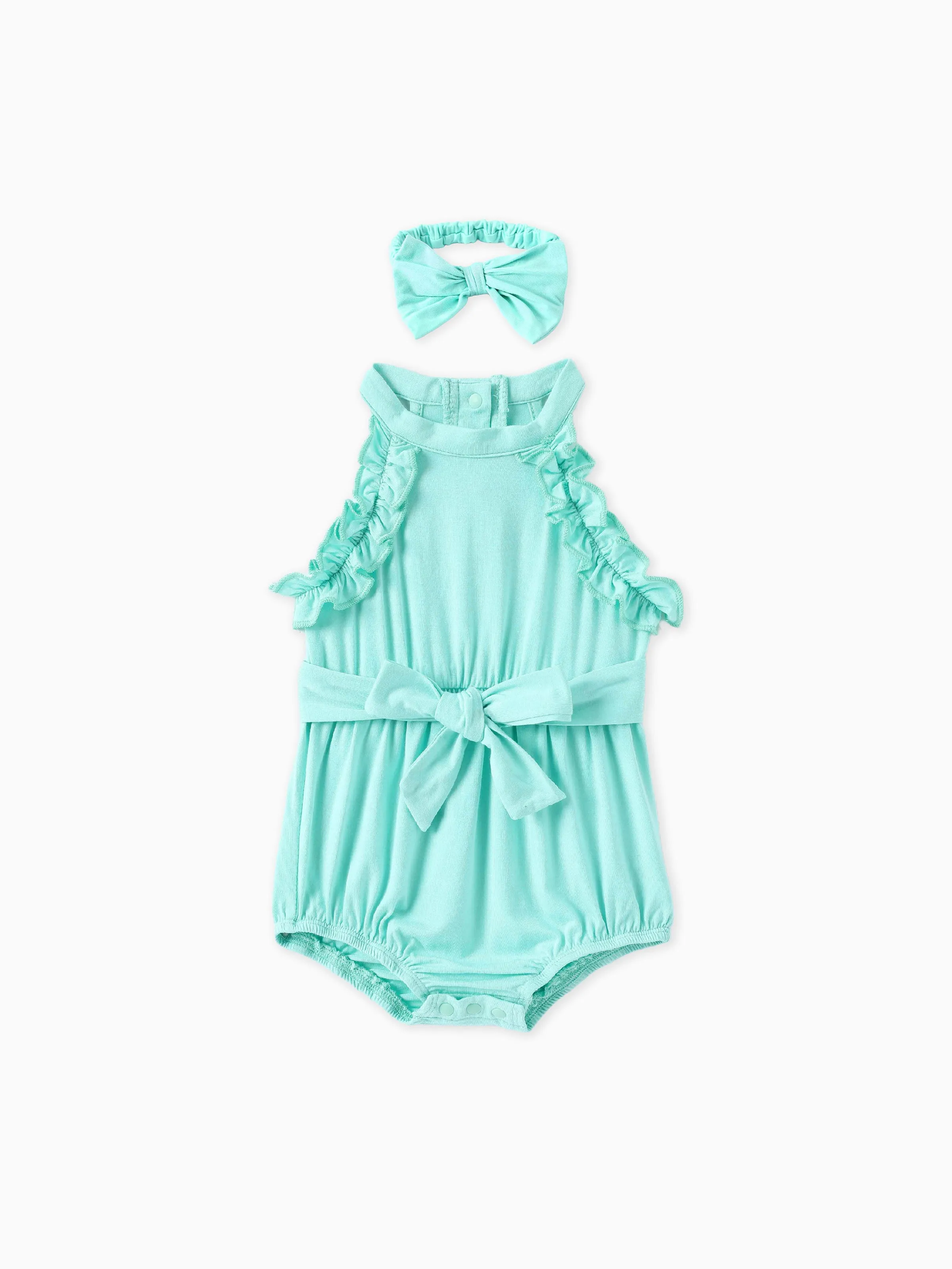 

Baby Girl Solid Ruffled Romper with Headband