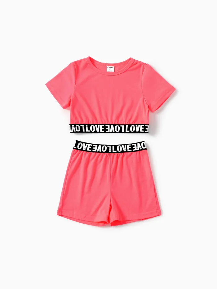 2-piece Toddler Girl Letter Print Crop Tee and Elasticized Shorts Set