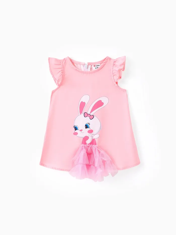 Baby Girl 兔子印花網眼拼接連衣裙