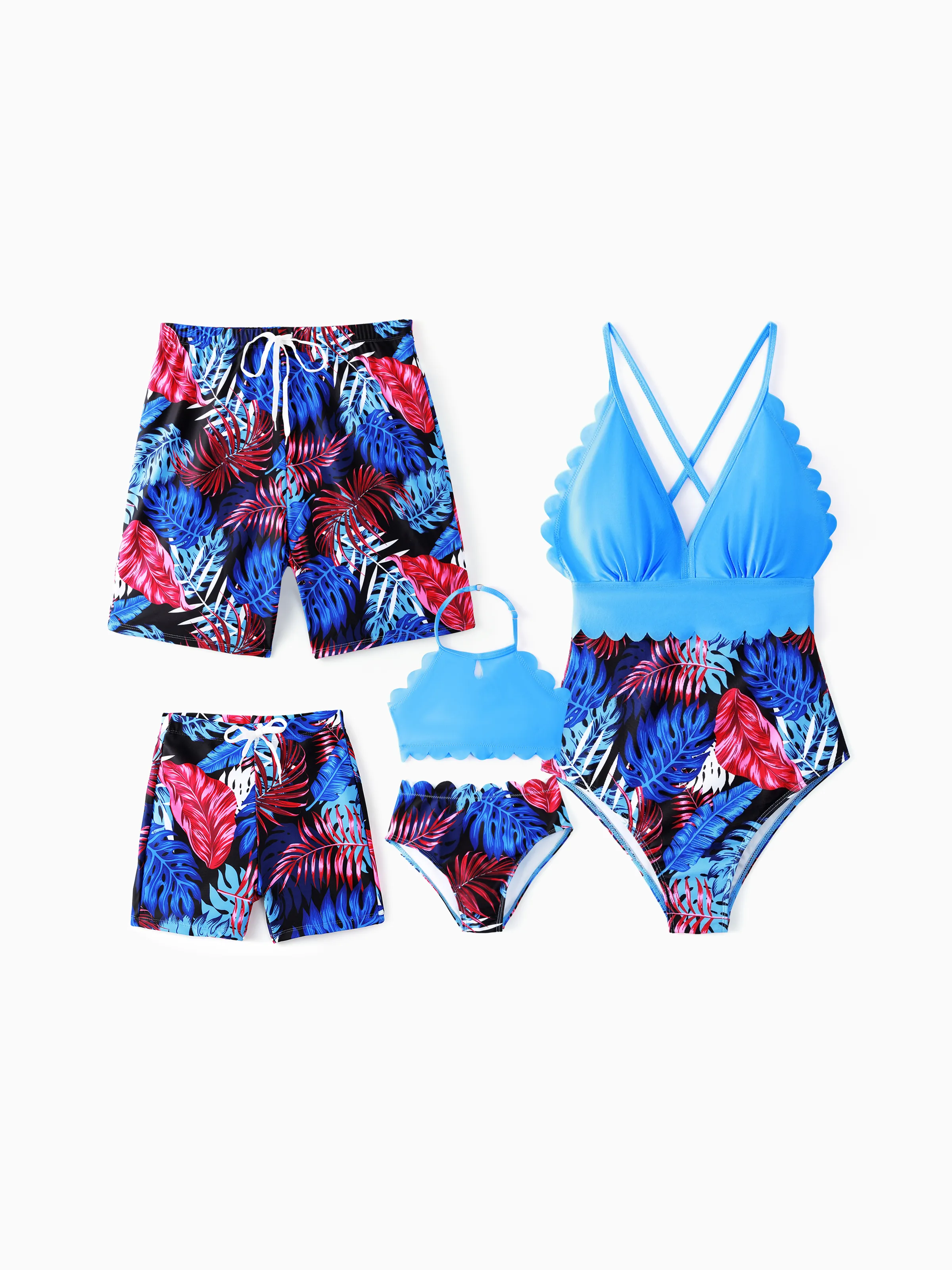 Family Matching Blue Floral Drawstring Swim Trunks or Shell Trim Spliced One-Piece Swimsuit