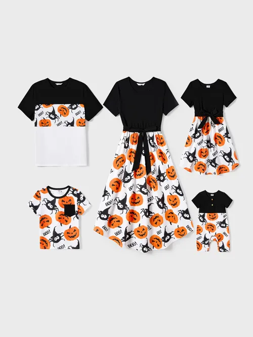 Halloween Family Matching Outfits - Pumpkin Print Dresses and Short Sleeve Colorblock Tops Sets