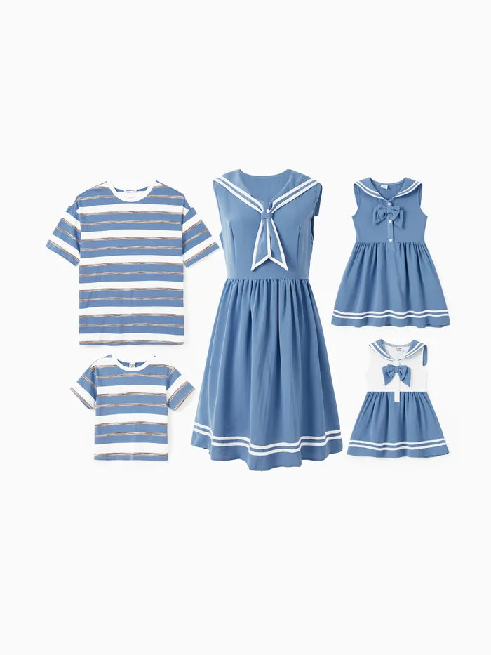 Family Matching Sets Preppy Style Striped Tee or Sailor Uniform-Inspired Nautical Style Sleeveless Dress